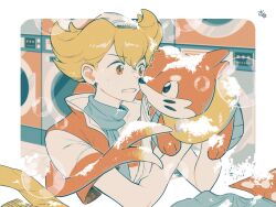 1boy barry_(pokemon) blonde_hair border buizel clenched_teeth commentary_request eye_contact gen_4_pokemon hands_up highres holding holding_pokemon jacket looking_at_another male_focus nintendo omyo_(myomyomyo22) orange_eyes outside_border pokemon pokemon_(creature) pokemon_dppt scarf short_sleeves signature soap_bubbles sock_in_mouth socks striped_clothes striped_jacket teeth washing_machine wet white_border