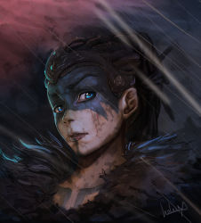 1girl blood celtic facepaint fur_collar fur_trim hair_pulled_back headdress hellblade highres painttool_sai_(medium) portrait salaiix senua solo_focus war_paint warrior