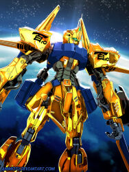 aeug ammotu commentary deviantart_username earth_(planet) english_commentary exposed_internal_machinery green_eyes gundam gundam_build_divers gunpla hyaku_shiki in_orbit lens_flare machinery mecha mecha_focus mobile_suit model_kit no_humans planet realistic robot science_fiction signature space star_(sky) zeta_gundam