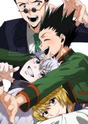 4boys black_hair blonde_hair blue_suit brown_eyes closed_eyes closed_mouth formal_clothes from_side glasses gon_freecss green_necktie highres hunter_x_hunter killua_zoldyck kurapika leorio_paladiknight light_smile long_sleeves looking_at_another male_focus medium_hair multiple_boys necktie open_mouth round_eyewear shirt short_hair simple_background smile spiked_hair suit teeth white_background white_hair white_shirt yorozuya37