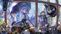 1boy 1girl amusement_park ascot bangboo_(zenless_zone_zero) blonde_hair breast_curtains center_frills collared_shirt commentary_request crane_game drill_hair ferris_wheel formal_clothes frills hairband hand_on_headwear hat highres hitokoto holding holding_umbrella hugo_vlad jacket jewelry long_hair multiple_rings necktie pants pointy_ears purple_ascot purple_hair purple_hairband purple_umbrella red_eyes ring shirt sideboob_cutout sky suit umbrella vivian_banshee white_necktie window zenless_zone_zero
