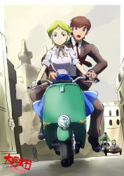 2boys 2girls artesia_som_deikun beard black_hair blonde_hair blue_eyes brown_hair challia_bull closed_mouth commentary_request comoli_harcourt driving facial_hair forehead formal_clothes goggles green_eyes green_hair gundam gundam_gquuuuuux helmet highres holding jacket kikeroga_(gquuuuuux) long_sleeves mask military_uniform mole mole_under_mouth motor_vehicle motorcycle motorcycle_helmet multiple_boys multiple_girls mustache necktie on_motorcycle on_scooter open_mouth parody riding riding_scooter roman_holiday sayla_mass scooter shirt short_hair short_sleeves sidecar skirt smile suit taiga_hiroyuki wheel xavier_olivette