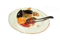 beans food fork mussel no_humans object_focus original plate realistic sauce slow_d still_life tomato_sauce