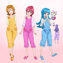 4girls adapted_costume aino_megumi blue_eyes blue_hair blue_overalls bow brown_hair closed_eyes cosplay gradient_background gurasan_(happinesscharge_precure!) happinesscharge_precure! happy heart hikawa_iona kouji14 long_hair looking_at_viewer matching_outfits multiple_girls oomori_yuuko oomori_yuuko_(cosplay) open_mouth overalls pink_bow pink_eyes pink_hair pink_overalls ponytail precure purple_hair purple_overalls ribbon ribbon_(happinesscharge_precure!) shirayuki_hime shirt shoes short_hair smile yellow_overalls