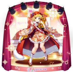 Rule 34 | 1girl, aki minoriko, aki minoriko (sweet sister god), alternate costume, blonde hair, cape, clenched hand, closed mouth, curtains, flip-flops, frilled kimono, frilled sleeves, frills, full body, fur-trimmed cape, fur trim, game cg, grape hat ornament, hat, highres, holding, holding trophy, japanese clothes, kimono, long sleeves, looking at viewer, medium hair, mob cap, neck ribbon, official art, orange eyes, orange hat, orange kimono, plaid clothes, plaid kimono, red cape, ribbon, rotte (1109), sandals, sash, shadow, socks, solo, sparkle, stage lights, tabi, third-party source, touhou, touhou lostword, translation request, transparent background, trophy, white socks, wide sleeves