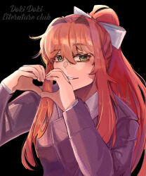 Rule 34 | 1girl, artist name, ben-day dots, black background, blazer, bow, brown hair, copyright name, doki doki literature club, doki doki literature club school uniform, green eyes, grey jacket, hair bow, heart, heart hands, jacket, long hair, looking at viewer, monika (doki doki literature club), ponytail, raised eyebrow, sadscruffy, school uniform, screentones, simple background, smile, solo, white bow