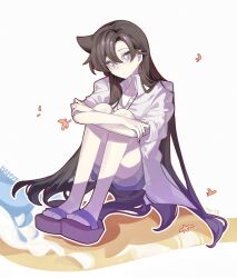 1girl blue_shorts brown_hair collared_shirt falling_leaves full_body hair_between_eyes haobuguniao happy_birthday highres hugging_own_legs leaf long_hair meitantei_conan mouri_ran purple_eyes sandals shirt shorts sleeves_rolled_up solo spiked_hair white_shirt