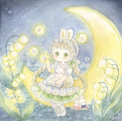 Rule 34 | 1girl, absurdres, animal, animal ears, animal on lap, bonnet, book, bug, crescent moon, dress, firefly, flower, full body, glowing flower, green eyes, hand up, highres, insect, legs together, lily of the valley, looking at viewer, low twintails, moon, night, on crescent, on lap, on moon, open book, original, outdoors, painting (medium), rabbit, rabbit ears, rabbit girl, ringlets, short sleeves, sitting, solo, tato (kunikida-3), traditional media, twintails, watercolor (medium)