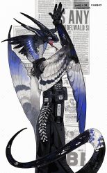 1boy absurdres arm_up belt belt_pouch ben-day_dots black_feathers black_gloves black_scales blue_eyes blue_feathers bracelet chinese_clothes cichushenglue517 fangs feathered_wings feathers forked_tongue from_behind furry gloves head_wings highres jewelry male_focus multicolored_feathers newspaper original pouch screentones slit_pupils snake_boy solo spine tail tongue tongue_out white_feathers wings