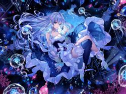 1girl ahoge alt_text arm_at_side asymmetrical_legwear bare_shoulders bloomers blue_dress blue_eyes blue_hair bow braid breasts bubble choker cleavage collarbone commentary coral_reef detached_sleeves dress fish floating floating_clothes floating_hair full_body gem glowing half_updo hand_up high_heels highres holding holding_gem jellyfish knees_up large_bow light_particles light_rays long_hair looking_at_viewer mast medium_breasts nardack original parted_lips petticoat ship sleeveless sleeveless_dress solo thighhighs underwater underwear watercraft white_bow white_footwear