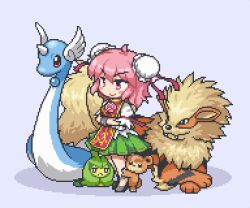 1girl animal arcanine blue_background character_name double_bun dragonair full_body game_freak gen_1_pokemon gen_2_pokemon gen_5_pokemon hair_bun ibaraki_kasen kumamoto_(bbtonhk2) lowres nintendo pink_eyes pink_hair pixel_art pokemon pokemon_(creature) smile solo swadloon teddiursa touhou