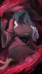 1girl absurdres bare_shoulders black_skin blue_eyes breasts cleavage colored_skin dark-skinned_female dark_skin elden_ring elden_ring_nightreign hair_over_one_eye hat hat_over_one_eye highres hitoridoodles huge_breasts large_hat long_hair magic recluse_(elden_ring) sitting solo strap_slip very_dark_skin white_hair wide_sleeves witch witch_hat