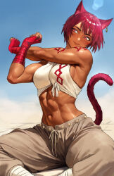 1girl abs animal_ear_fluff animal_ear_piercing animal_ears bandaged_arm bandages biceps body_markings breasts cat_ears cat_girl cat_tail clear_sky closed_mouth commentary commission crop_top cross-body_stretch dark-skinned_female dark_skin day desert drawstring english_commentary facial_mark feet_out_of_frame final_fantasy final_fantasy_xiv fingerless_gloves gloves grey_pants highres large_breasts lens_flare light_blush looking_to_the_side miqo&#039;te muscular muscular_female navel outdoors pants pink_eyes pink_hair pink_tail red_gloves robusta_mania shirt short_hair sideboob sitting sky sleeveless sleeveless_shirt slit_pupils smile solo tail tail_raised tied_shirt twitter_username warrior_of_light_(ff14) white_shirt
