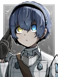 Rule 34 | 1boy, absurdres, black gloves, black hairband, blue eyes, blue hair, commentary request, gloves, hair between eyes, hairband, heterochromia, highres, jacket, male focus, metaphor: refantazio, parted lips, protagonist (metaphor: refantazio), simple background, solo, soungo (3111248), upper body, white jacket, yellow eyes