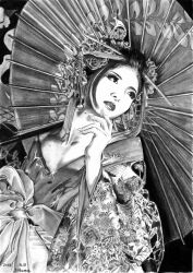1girl artist_name band-maid dated floral_print graphite_(medium) greyscale hair_ornament hair_stick hair_up hama_(user_udhg5388) highres japanese_clothes kimono kobato_miku lipstick makeup monochrome oil-paper_umbrella solo traditional_media umbrella upper_body