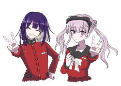 Rule 34 | 1boy, 1girl, black bow, blush, bow, brother and sister, closed eyes, closed mouth, frown, grin, hair bow, hand on own hip, hand up, hands up, highres, long hair, looking at viewer, matching hair/eyes, open mouth, pink eyes, pink hair, purple hair, siblings, simple background, smile, the hundred line -last defense academy-, tsukumo ima, tsukumo kako, twins, twintails, upper body, v, white background