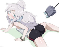 Rule 34 | 1girl, ass, bike shorts, blue eyes, blush, commentary request, deux murasame, flat chest, funnels (gundam), grey hair, gundam, gundam gquuuuuux, looking back, lying, massager, nervous, on stomach, scarf, solo, umi no tarako