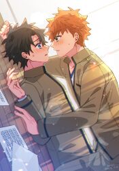 2boys black_hair blush brown_jacket collarbone embarrassed emiya_shirou fate/grand_order fate_(series) fujimaru_ritsuka_(male) highres jacket long_sleeves lying male_focus multiple_boys nagita_(nagi) on_back orange_hair paper parted_lips short_hair straddling sweatdrop yaoi
