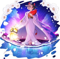 Rule 34 | 1girl, alternate costume, animal ears, black hair, breasts, cloud, cow ears, cow girl, cow horns, cow tail, falling petals, flower, flower request, full body, game cg, grey hair, highres, holding, horns, japanese clothes, kimono, long sleeves, looking at viewer, multicolored hair, obi, obijime, official art, petals, red horns, red tail, rotte (1109), sash, short hair, solo, split-color hair, tail, third-party source, touhou, touhou lostword, transparent background, two-tone hair, ushizaki urumi, water, wet, wet clothes, white flower, white kimono, white petals, wide sleeves