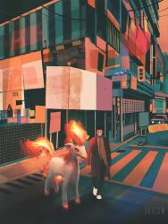 Rule 34 | black coat, black hair, building, car, character request, city, coat, crosswalk, dkaism, english text, fence, full body, looking at viewer, motor vehicle, nintendo, original, painterly, pokemon, power lines, road, road sign, roadblock, short hair, sign, size difference, street, traffic light, walking