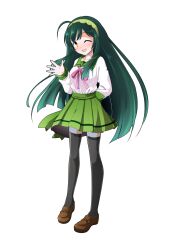1girl ;d ahoge arm_behind_back black_thighhighs blunt_bangs blunt_sidelocks blush brown_shoes commentary_request dairi full_body green_hair green_hairband green_sailor_collar green_skirt hairband hand_up highres large_variant_set loafers long_hair long_sleeves looking_at_viewer neck_ribbon one_eye_closed open_mouth pea_pod pink_ribbon pleated_skirt ribbon sailor_collar shirt shoes sidelocks skirt smile solo standing tachi-e thighhighs touhoku_zunko transparent_background variant_set voiceroid white_shirt yellow_eyes zettai_ryouiki
