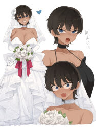 1girl :o black_choker black_hair black_shirt blush bouquet breasts bridal_veil choker collarbone commentary_request dress fang flower gloves gurenola heart highres holding holding_bouquet huge_breasts large_breasts looking_at_viewer mole mole_on_breast multiple_views off-shoulder_shirt off_shoulder original rose shirt short_hair simple_background strapless strapless_dress tan tears tomboy translated veil white_background white_choker white_dress white_flower white_gloves white_rose