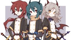 3others androgynous aqua_hair black_eyes black_shirt blonde_hair border demon_wings double-parted_bangs flat_chest gender_request grey_background highres holding holding_sword holding_weapon horns jitome layered_sleeves long_sleeves looking_at_viewer low_wings mari_sleep matching_outfits multiple_others orange_eyes original outside_border pale_skin pointy_ears ponytail red_eyes red_hair scabbard scarf sheath sheathed shirt short_over_long_sleeves short_sleeves side-by-side sword two-tone_shirt upper_body weapon white_border white_shirt wind wings yellow_scarf yellow_trim