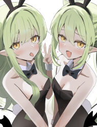 Rule 34 | 2girls, absurdres, alternate costume, black leotard, blue archive, breasts, demon girl, demon tail, fang, green hair, highres, hikari (blue archive), leotard, long sleeves, looking at viewer, multiple girls, nozomi (blue archive), playboy bunny, simple background, skin fang, small breasts, tail, theon (te2eo), tongue, tongue out, v, white background, wrist cuffs, yellow eyes