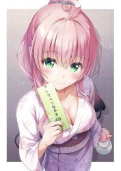1girl absurdres ahoge alternate_costume alternate_hairstyle bag bagged_fish blush border breasts cleavage closed_mouth collarbone commentary_request demon_tail fish green_eyes high_ponytail highres holding holding_tanzaku japanese_clothes kimono lala_satalin_deviluke lita_illust long_hair long_sleeves looking_at_viewer medium_breasts obi outside_border peke_(to_love-ru) pink_hair pink_kimono ponytail sash smile solo tail tanabata tanzaku to_love-ru translation_request white_border wide_sleeves yukata