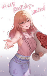 1girl :d absurdres ahoge belt blouse bouquet center_frills cowboy_shot earrings english_text flower frills gold_choker gradient_hair hair_ornament hairclip happy_birthday hashtag-only_commentary highres holding holding_bouquet hololive hololive_dev_is ichijou_ririka ichijou_ririka_(1st_costume) jewelry long_hair looking_at_viewer miniskirt multicolored_hair open_mouth orange_eyes orange_hair pencil_skirt petals pink_hair pink_shirt purple_skirt reaching reaching_towards_viewer ring shirt shirt_tucked_in skirt sleeveless sleeveless_shirt smile solo steelball_(jwk76806995) swept_bangs virtual_youtuber white_belt