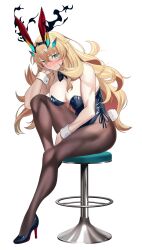 1girl alternate_costume bar_stool bare_shoulders barghest_(fate) black_bow black_bowtie black_fire black_ribbon blonde_hair blush bow bowtie breasts chair fate/grand_order fate_(series) fire green_eyes heterochromia high_heels highres large_breasts leotard long_hair looking_at_viewer mishiro_(ixtlolton) on_chair pantyhose playboy_bunny rabbit_tail ribbon sitting solo stool tail wrist_cuffs