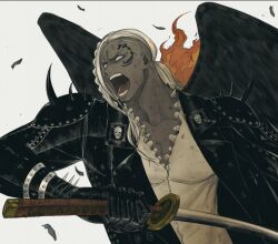 Rule 34 | 1boy, adam&#039;s apple, bake ryori, black jacket, black wings, collarbone, commentary, dark-skinned male, dark skin, feathers, fire, highres, holding, holding sword, holding weapon, jacket, king (one piece), leather, leather jacket, male focus, no pupils, one piece, open mouth, shirt, shoulder spikes, shouting, simple background, solo, spikes, sword, symbol-only commentary, upper body, weapon, white hair, white shirt, wings
