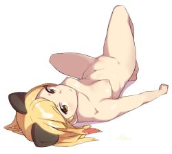 1girl animal_ears artist_name bad_id bad_twitter_id barefoot blonde_girl_(cloba) blonde_hair breasts brown_eyes cleft_of_venus cloba closed_mouth completely_nude female_focus full_body highres inactive_account looking_at_viewer lying navel nipples nude on_back original pussy short_hair simple_background small_breasts solo thighs white_background