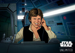 1boy black_vest borja_pindado brown_hair cockpit copyright_name english_text han_solo highres male_focus open_clothes open_vest shirt short_hair solo star_wars star_wars:_unlimited teeth vest white_shirt