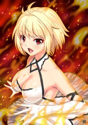 1girl arcueid_brunestud bare_shoulders blonde_hair blush breasts cleavage dress elbow_gloves fiery_background fire gloves guriguri_(arayotto4351) highres large_breasts looking_at_viewer open_mouth red_eyes short_hair smile solo tsukihime white_dress white_gloves