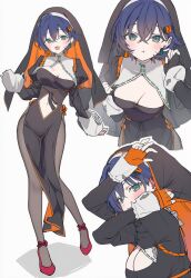 1girl belle_(zenless_zone_zero) black_pantyhose black_ribbon blue_eyes blue_hair breasts cleavage fingerless_gloves full_body gloves grey_background highres medium_breasts multiple_views nun pantyhose ribbon senyanya_sierra short_hair simple_background upper_body zenless_zone_zero
