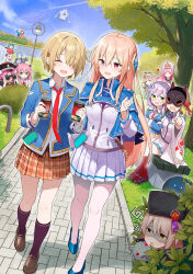 6+girls absurdres aikawa_megumi asakura_karen_(heaven_burns_red) blonde_hair brown_hair bungo_yayoi can charlotta_skopovskaya drink_can fox_mask hanamura_shiki heaven_burns_red highres holding holding_can irene_redmayne izumi_yuki_(heaven_burns_red) kayamori_ruka kiryuu_miya kunimi_tama long_hair mask multiple_girls narby_(heaven_burns_red) orange_hair purple_hair rinki_oohen sakuraba_seira shirakawa_yuina short_hair skirt toujou_tsukasa yamawaki_bon_ivar