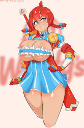 Rule 34 | 1girl, :d, blue bow, blue dress, blue eyes, blurry, blurry background, bow, breasts, cleavage, cleavage cutout, clothing cutout, dress, freckles, frills, gauntlets, grin, hair bow, hand in own hair, highres, huge weapon, large breasts, looking at viewer, nisetanaka, open mouth, orange hair, puffy short sleeves, puffy sleeves, sheath, sheathed, short sleeves, smile, solo, striped clothes, striped dress, sword, teeth, thighs, twintails, weapon, weapon on back, wendy&#039;s, wendy (wendy&#039;s), wide hips