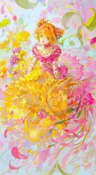 Rule 34 | 1girl, :d, absurdres, antenna hair, blonde hair, cardcaptor sakura, choker, dress, flower, hair flower, hair intakes, hair ornament, highres, kinomoto sakura, medium hair, open mouth, pink dress, pink flower, red choker, red flower, smile, solo, yellow flower, yukmomo