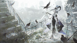 1girl absurdres bird black_dress black_gloves boots breasts building cape crow dress flower full_body gloves grass hat high_heels highres holding long_hair looking_at_viewer original outdoors solo standing white_hair witch_hat wuqueti