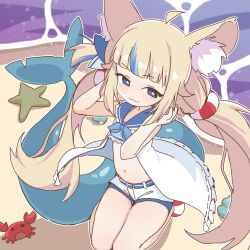 Rule 34 | 1girl, :3, absurdres, ahoge, animal ear fluff, animal ears, beach, blonde hair, blue eyes, blue hair, blue sailor collar, cat ears, cat girl, closed mouth, commentary, crab, english commentary, fins, fish tail, highres, indie virtual youtuber, kaniki (sameko saba), lifebuoy hair ornament, long hair, looking at viewer, ocean, orenjipiiru, sailor collar, sameko saba, sand, shark girl, shark tail, shirt, shorts, sitting, smile, solo, starfish, tail, twintails, virtual youtuber, white shirt, white shorts