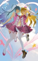 Rule 34 | 2girls, absurdres, bare shoulders, blonde hair, commentary, don quixote (project moon), green hair, hair between eyes, highres, limbus company, long hair, looking at viewer, magical girl, multiple girls, pink skirt, project moon, queen of hatred, skirt, thighhighs, thighs, white thighhighs, xiaoniaoyou qing, yellow eyes