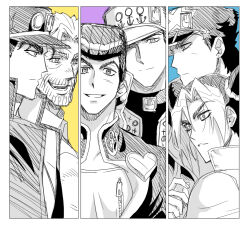 Rule 34 | 1girl, 3boys, anchor symbol, beard, bun with braided base, coat, column lineup, commentary request, diamond wa kudakenai, double bun, earrings, facial hair, father and daughter, gakuran, grandfather and grandson, greyscale with colored background, hair bun, hat, heart, higashikata josuke, jeonjin (mynamebazin), jewelry, jojo no kimyou na bouken, joseph joestar, joseph joestar (old), korean commentary, kuujou jolyne, kuujou joutarou, multicolored hair, multiple boys, old, old man, pompadour, school uniform, smile, stardust crusaders, stone ocean, stud earrings, turtleneck, two-tone hair, uncle and nephew, zipper