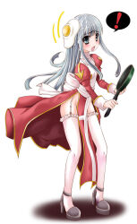! 1girl arima_natsubon back_bow black_shoes blush bow breasts commentary_request dress food food_on_head fried_egg frying_pan full_body garter_straps grey_eyes grey_hair high_heels high_priest_(ragnarok_online) holding holding_frying_pan juliet_sleeves long_hair long_sleeves looking_at_viewer no_panties object_on_head open_mouth pelvic_curtain puffy_sleeves ragnarok_online red_dress sash shoes simple_background small_breasts solo spoken_exclamation_mark standing thighhighs two-tone_dress white_background white_bow white_dress white_sash white_thighhighs