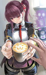 1girl absurdres bandaid bandaid_on_finger black_jacket black_shorts blunt_bangs blush braid chest_strap closed_mouth coffee_mug coffee_pot collared_shirt cup girls&#039;_frontline half_up_braid highres jacket mug necktie open_clothes open_jacket pantyhose ponytail pov red_eyes red_necktie shirt short_shorts shorts sidelocks solo standing thigh_gap tsundere wa2000_(girls&#039;_frontline) waizumi_(vestineislancer) white_shirt