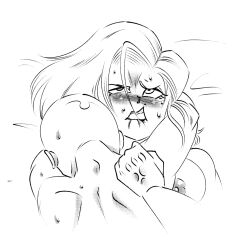 1boy 1girl android_18 bald bald_male blush breasts couple dragon_ball funsexydragonball highres hug husband_and_wife kuririn mating_press muscular muscular_male nipples sex sweat