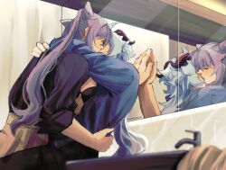 Rule 34 | 2girls, alternate costume, artist name, back, bathroom, black pants, blue hair, blue shirt, bra, breasts, closed eyes, cone hair bun, fingernails, french kiss, ganyu (genshin impact), genshin impact, goat horns, hair between eyes, hair bun, hand around waist, hand on another&#039;s shoulder, hand up, high-waist skirt, highres, horns, hug, industrial pipe, keqing (genshin impact), kiss, long hair, long sleeves, low ponytail, medium breasts, mirror, multiple girls, open clothes, open shirt, orange skirt, pants, ponytail, purple bra, purple hair, purple shirt, reflection, shirt, sidelocks, sitting, skirt, standing, tapeanna, tongue, twintails, underwear, yuri