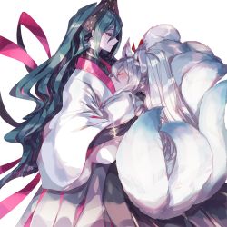 2boys animal_ears bad_id bad_pixiv_id blue_hair bow creatures_(company) closed_eyes fox_ears fox_tail game_freak gen_1_pokemon gen_6_pokemon hair_bow headpiece hug long_hair malamar male_focus multiple_boys ninetales nintendo personification pokemon profile standing suana tail white_hair wide_sleeves yaoi