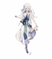 1girl barefoot bow dress closed_eyes full_body leg_up long_hair nier nier_(series) official_art silver_hair sleeveless solo white_dress yonah yoshida_akihiko