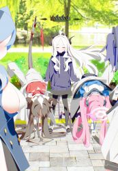 Rule 34 | 5girls, ahoge, ako (blue archive), alternate costume, apologizing, black hair, black halo, black horns, black pantyhose, black skirt, black tail, blue archive, bm tol, bowing, breasts, brick floor, buttons, closed eyes, closed mouth, coat, demon girl, demon horns, demon tail, dot nose, double-breasted, drawstring, facing viewer, forehead, hair intakes, halo, highres, hina (blue archive), hood, hoodie, horns, id card, jacket, kasumi (blue archive), koyuki (blue archive), lab coat, long hair, long sleeves, looking at another, medium breasts, millennium science school logo, multiple girls, multiple horns, pantyhose, parted bangs, pink hair, pink halo, plant, red shirt, sandals, shirt, sideboob, sideboob cutout, skirt, sleeves past fingers, sleeves past wrists, standing, tail, tree, twintails, white coat, white hair, white halo, yuuka (blue archive)